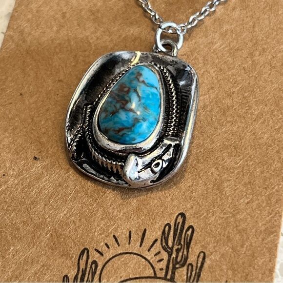 Western Turquoise Stone Decor Cowboy Hat Pendant Necklace - Picture 2 of 10
